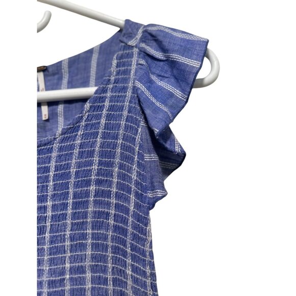 Free People Chambray Striped Dress Medium Pastel Blue Smocked Waist Ruffle Boho - Picture 15 of 16